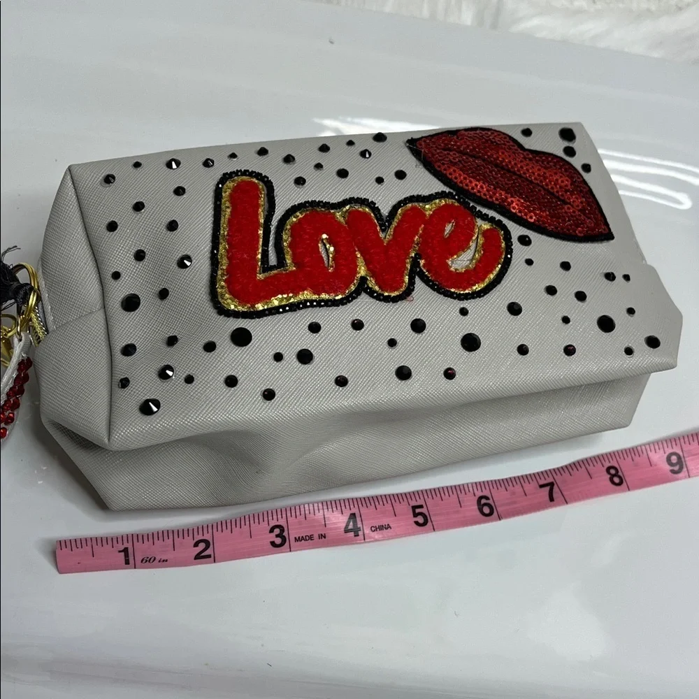 Stylish Grey, Black & Red Crystal Embellished Makeup bag